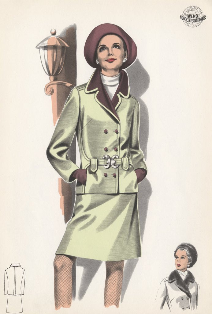 Detail of Model wearing belted suit by Anonymous