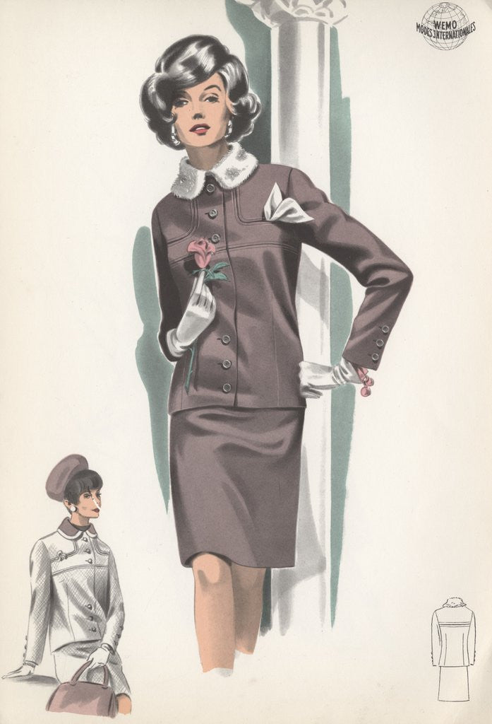 Detail of Model wearing fur-trimmed suit by Anonymous