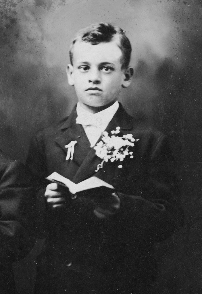 Detail of Portrait of a young boy in church, ca. 1930 by Anonymous