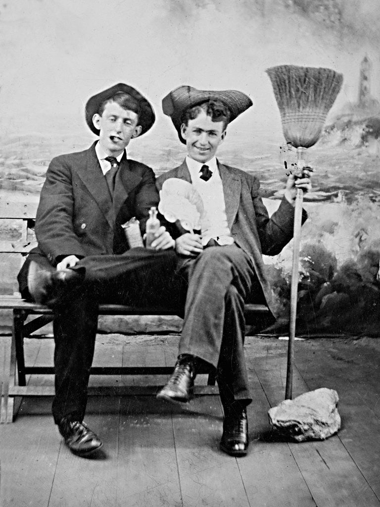 Detail of Two young men on a bench with a broom, ca. 1900 by Anonymous