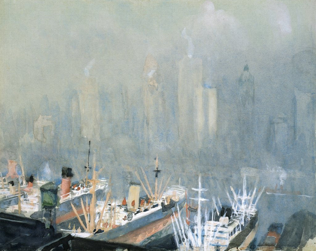 Detail of New York City Skyline from Brooklyn Harbor, Ships Docked in Foreground by Joseph Pennell