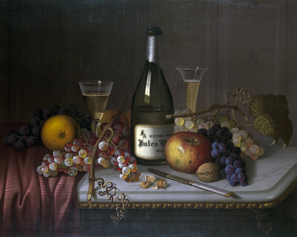 Detail of Still Life with a Bottle of Champagne and Two Glasses, with Various Fruit by Anonymous