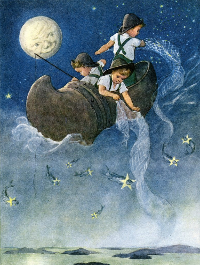 Detail of Wynken, Blynken and Nod fishing in their wooden shoe by Anonymous