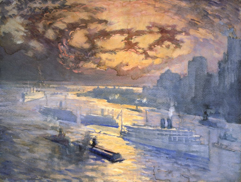 Detail of Reflective River (New York City: Ships on the East River, Statue of Liberty in the Distance) by Joseph Pennell