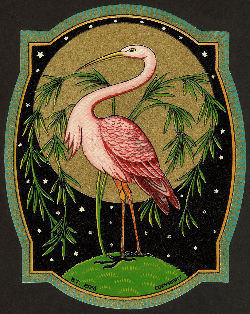Detail of Czech English cotton label with pink ibis by Anonymous