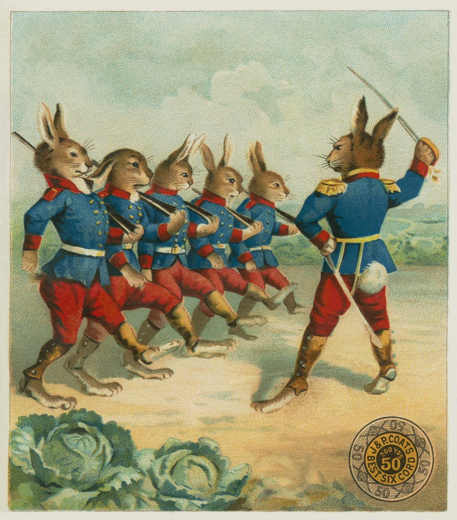 Detail of Advertisement with rabbit soldiers by Corbis