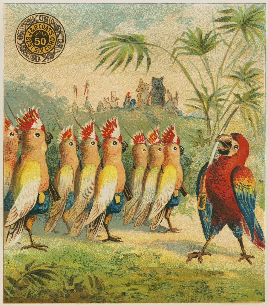 Detail of Advertisement with parrot soldiers by Corbis