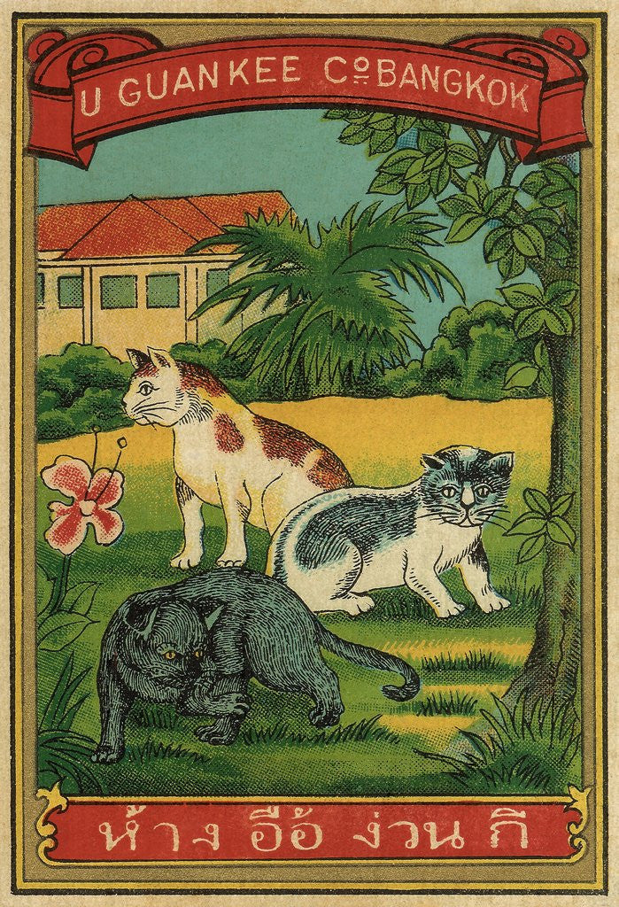 Detail of Thai cotton label with cats by Anonymous