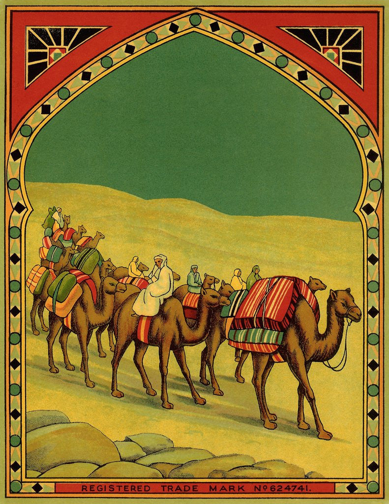 Detail of Czech English cotton label with caravan of camels by Anonymous