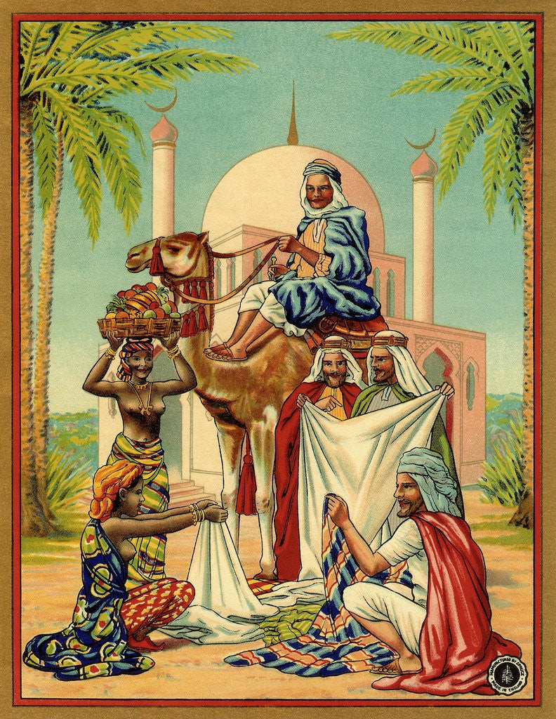 Detail of Czech English cotton label with caravan traders by Anonymous