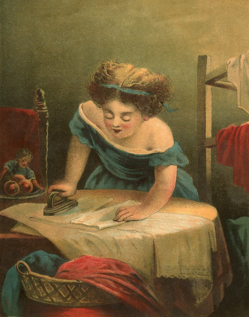 Detail of Victorian print of girl ironing by Anonymous