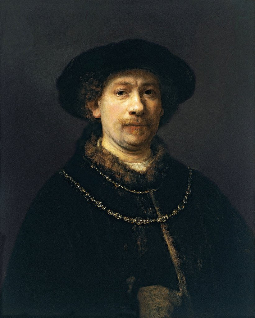Detail of Self-Portrait with a Hat and Two Chains by Rembrandt van Rijn