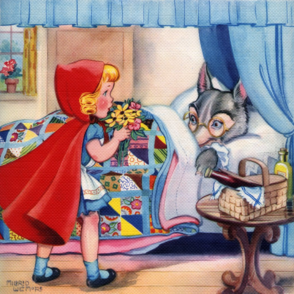 Detail of Big Bad Wolf disguised in grandmother's bed by Anonymous