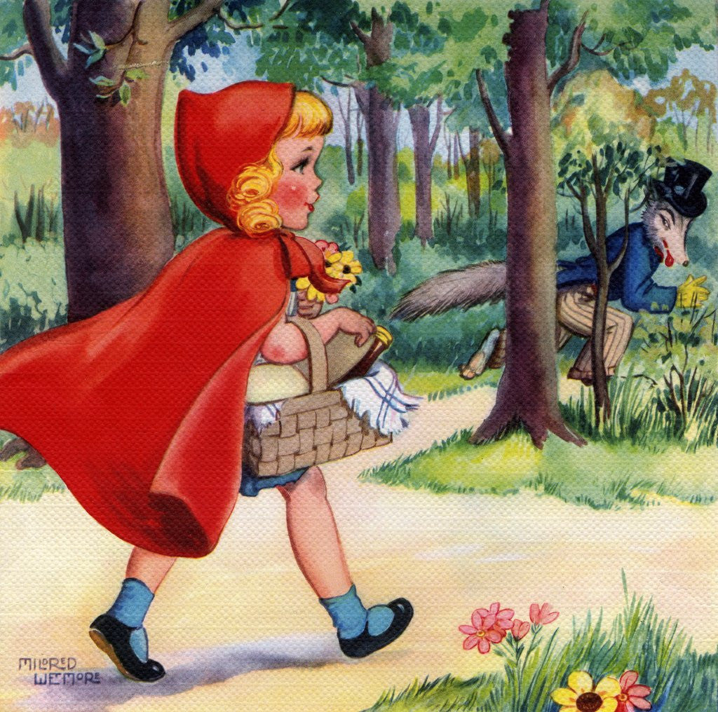 Detail of Little Red Riding Hood and Big Bad Wolf in woods by Corbis