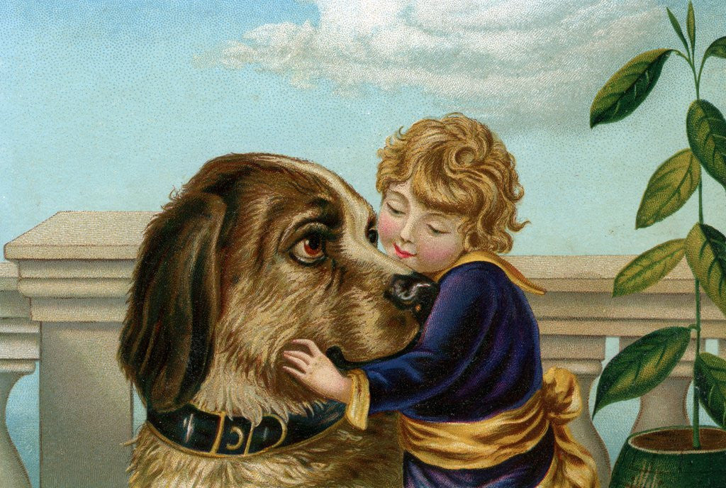 Detail of Boy hugging large dog by Anonymous
