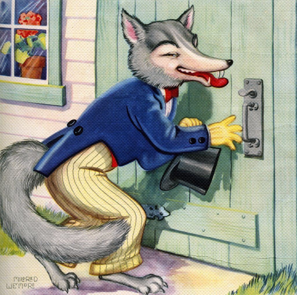 Detail of Big Bad Wolf arriving at grandmother's door by Anonymous