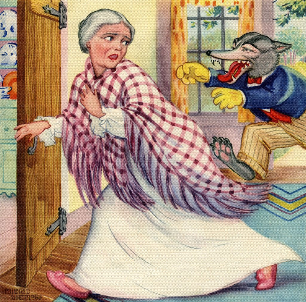 Detail of Big Bad Wolf chasing grandmother by Corbis