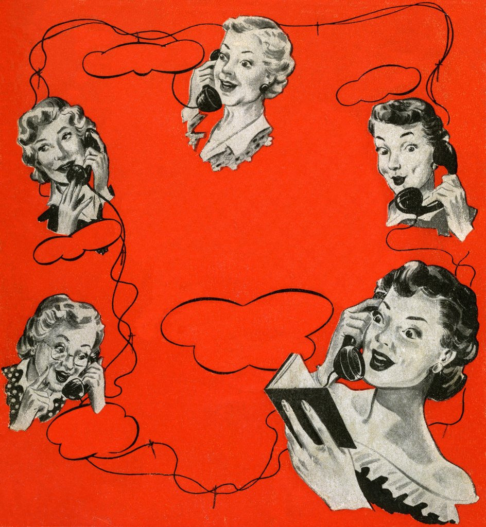 Detail of Vintage iIllustration with five housewives talking on telephones by Anonymous