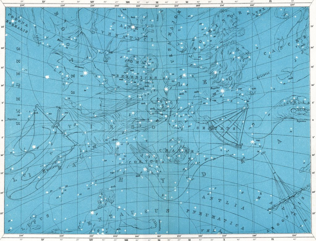 Detail of Vintage Star Map with Constellations Leo, Virgo, Libra, and Leo Minor by Anonymous