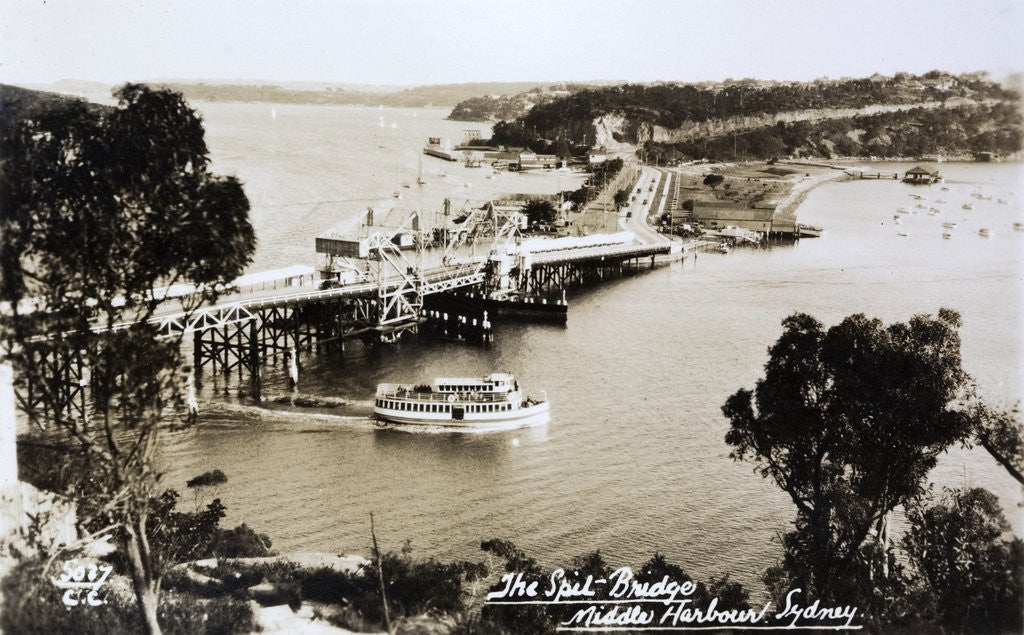 Detail of Sydney Spit Bridge, Middle Harbour, Sydney, New South Wales, Australia in 1924. The bridge shown is a wooden lifting bridge. On the road, there are cars of the period. by Anonymous