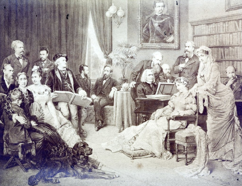 Detail of 1870's musical soirée. List is at the piano and Wagner is reading the score. Other musicaians and their families are gathered around. by Corbis