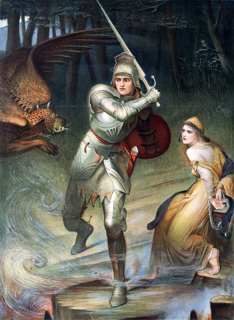Detail of St. George resucing a handcuffed maiden threatened by a dragon. From a painting by Halle, published in Boy's Own Paper c 1905. by Anonymous