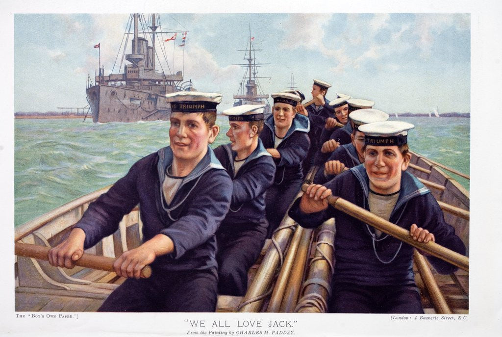 Detail of Boys Own Paper colour insert circa 1900 showing sailors from the Swiftsure class Battleship HMS Triumph. Taken from a painting by Charles M Padday titled 