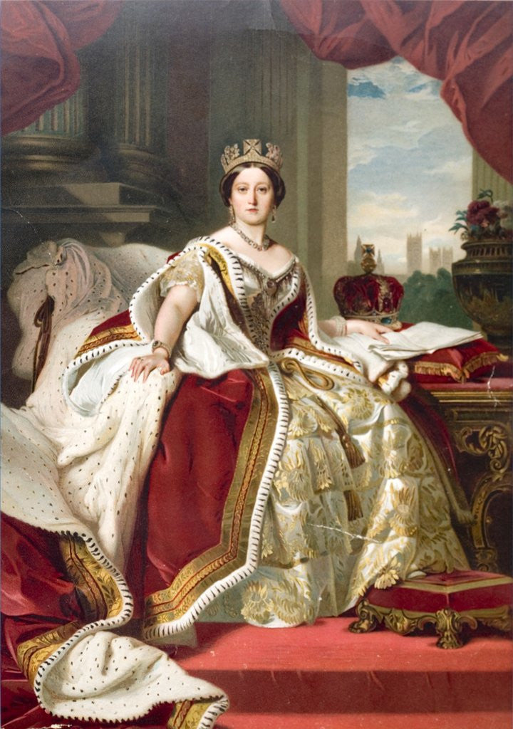 Detail of Painting by Winterhalter of Queen Victoria in her state robes. Westminster Abbey and the palace of Westminster can be seen in the background. by Anonymous