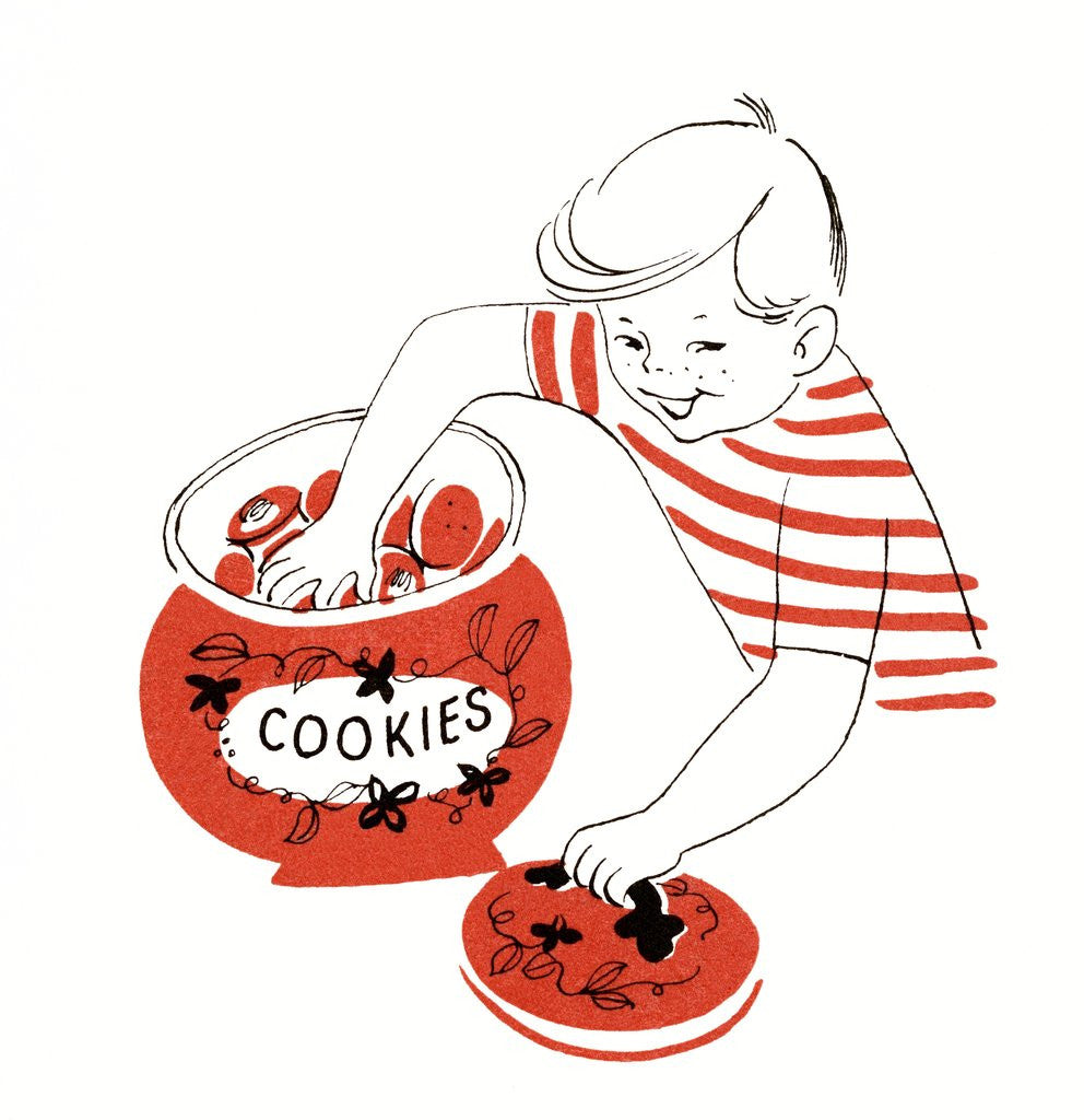 Detail of Illustration of a young boy with his hand in the cookie jar by Anonymous