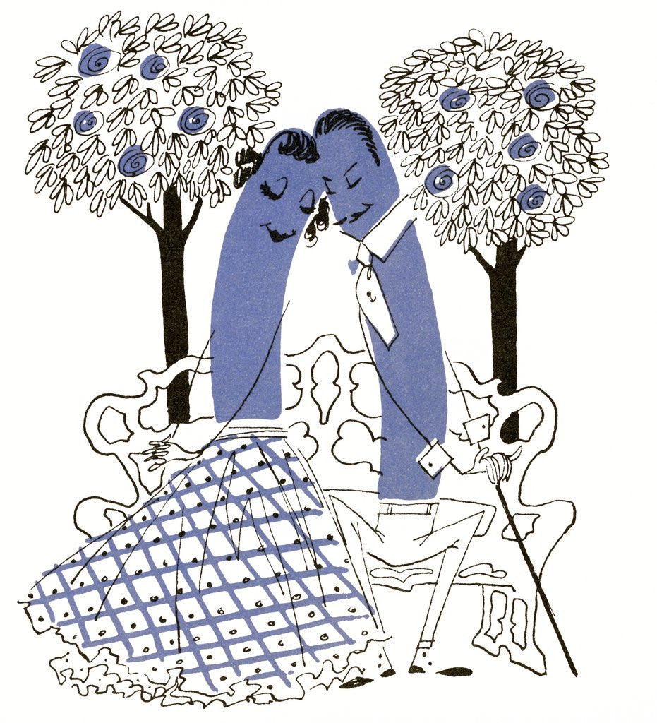 Detail of Illustration of romantic hot dog couple sitting on a park bench by Anonymous