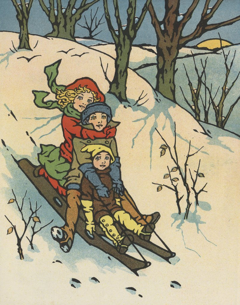 Detail of Children riding sled downhill by Anonymous