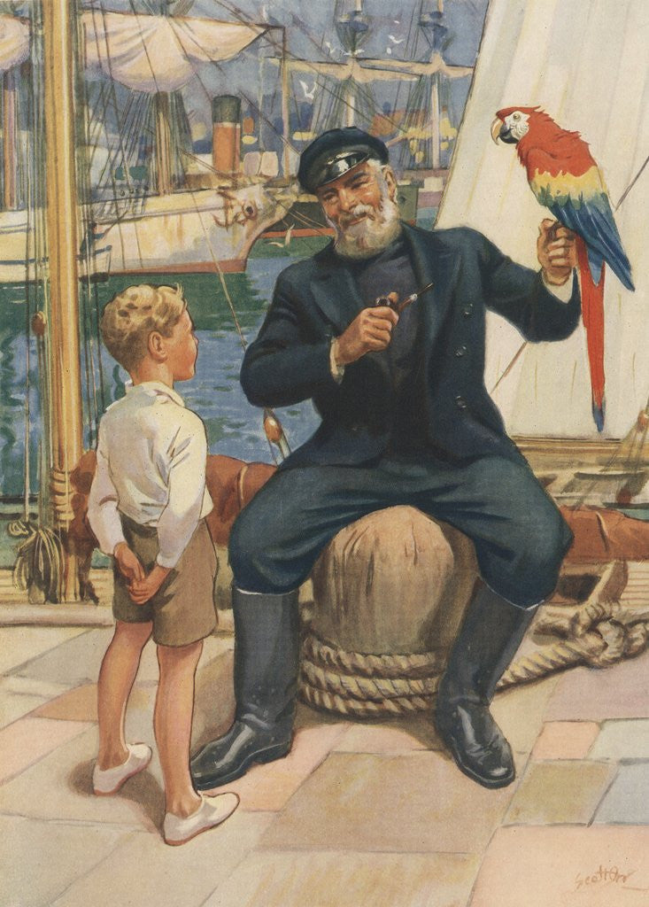 Detail of Little boy talking to sailor with parrot by Anonymous