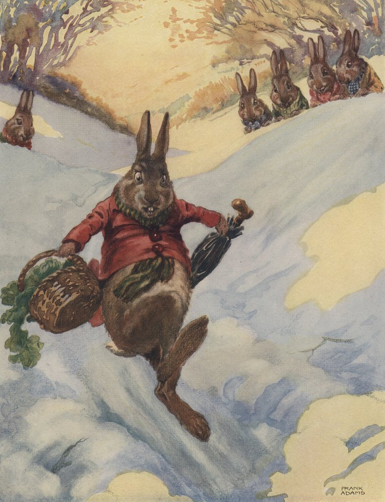 Detail of Rabbit carrying basket sliding down snow bank by Anonymous