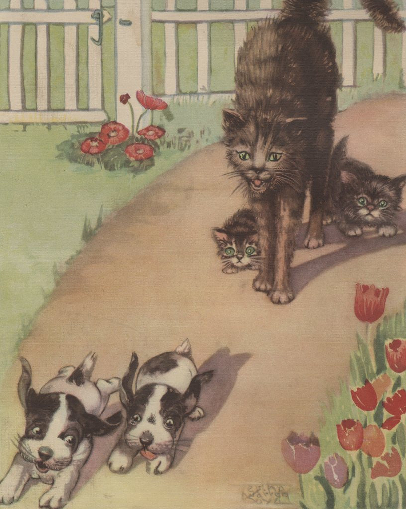 Detail of Mama cat chasing puppies away from her kittens by Anonymous
