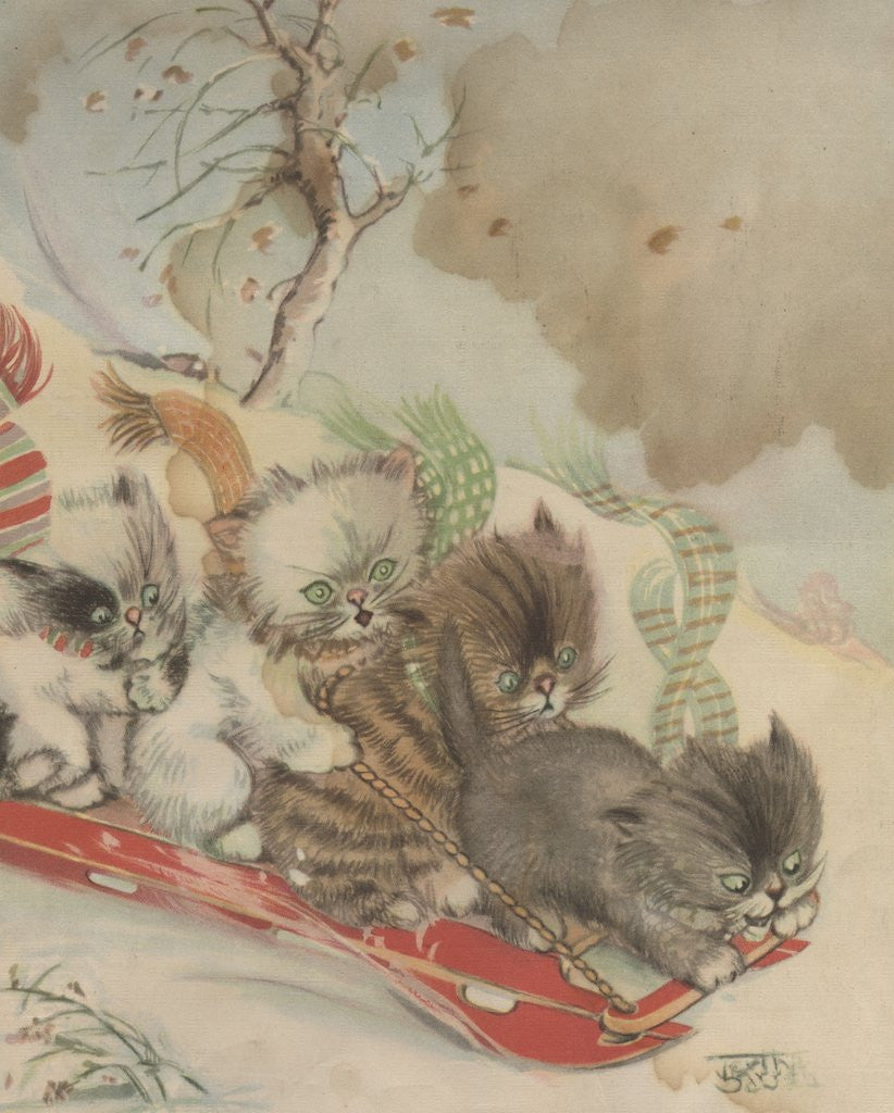 Detail of Four kittens on a toboggan by Anonymous