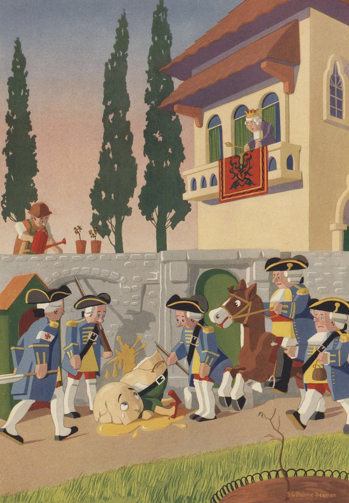 Detail of Toy soldiers and horse looking at broken Humpty Dumpty by Anonymous