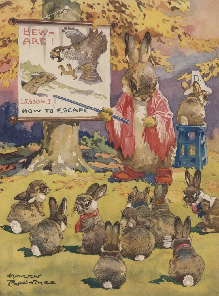 Detail of Rabbit teacher instructing young rabbits on how to escape danger by Anonymous