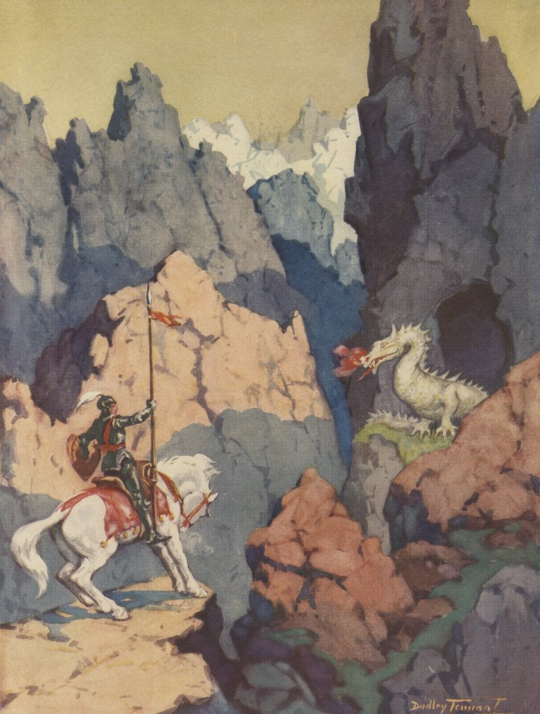 Detail of Knight on horse encountering dragon in mountains by Corbis