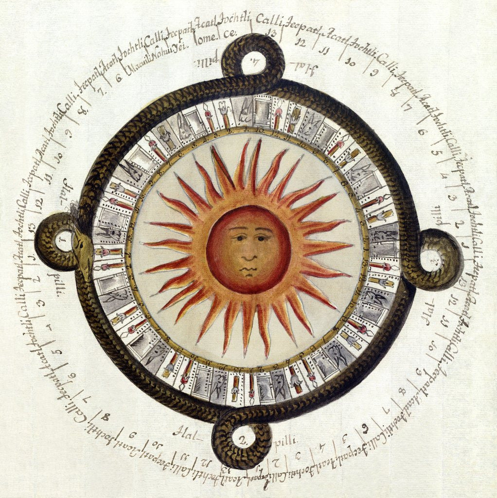 Detail of Drawing of the Aztec sun calendar stone in Mexico by Anonymous