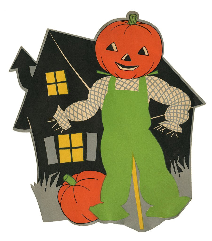 Detail of Pumpkin scarecrow and haunted house by Corbis