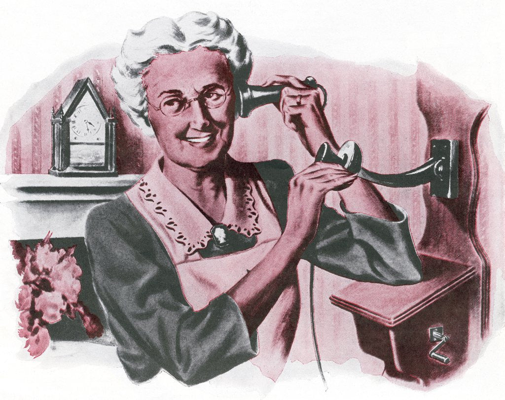 Detail of Grandmother on a crank wall telephone by Anonymous