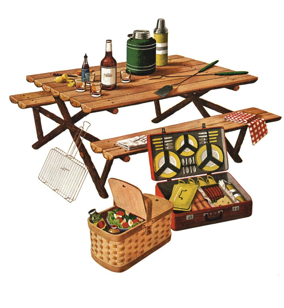 Detail of Picnic table with picnic basket and dish set by Anonymous
