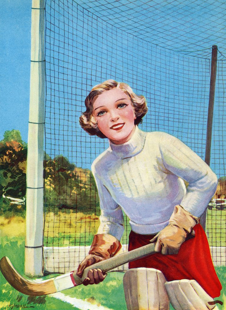 Detail of Young girl tending goal in field hockey by Anonymous
