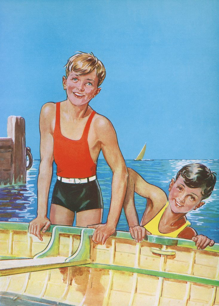 Detail of Two young boys playing in wooden boat by Anonymous