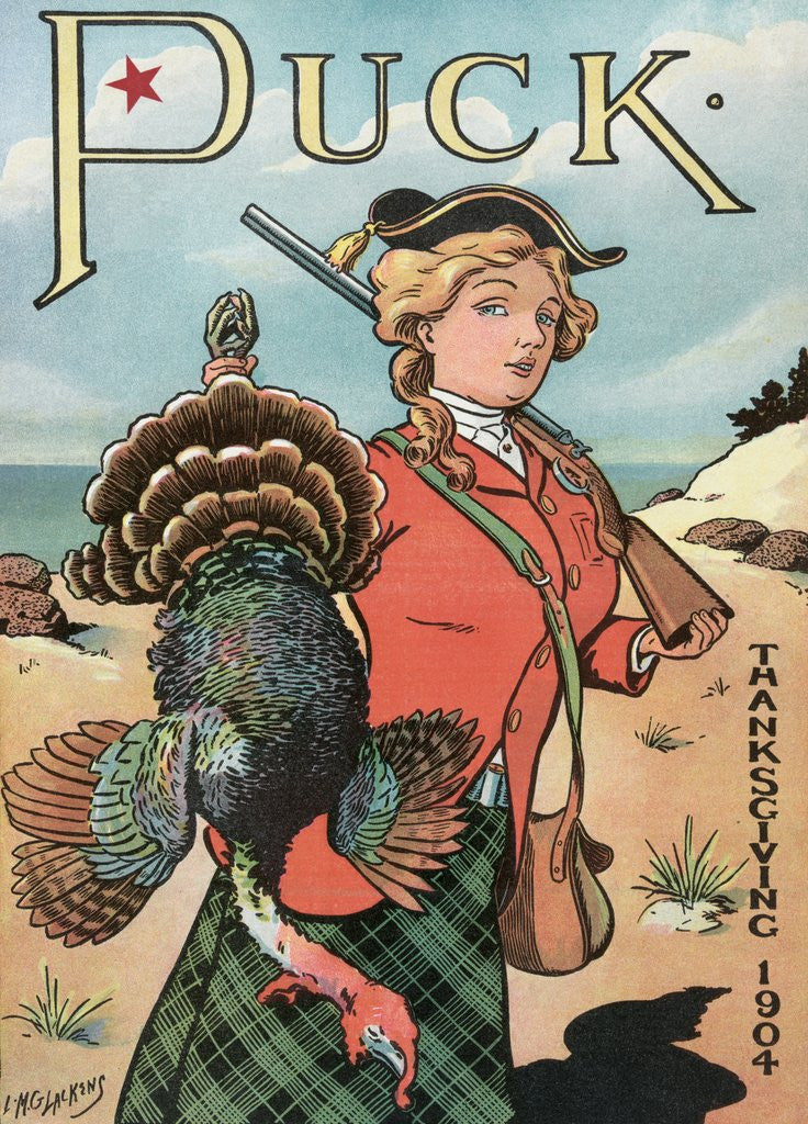 Detail of Woman hunter holding a Thanksgiving turkey by Anonymous