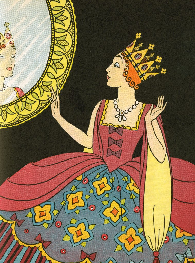 Detail of Snow White's stepmother looking into magic mirror by Anonymous