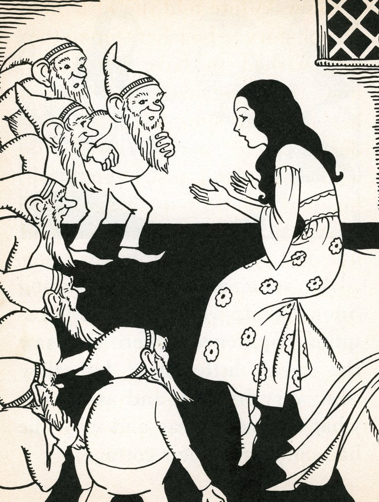 Detail of Snow White explaining her predicament to the seven dwarfs by Anonymous