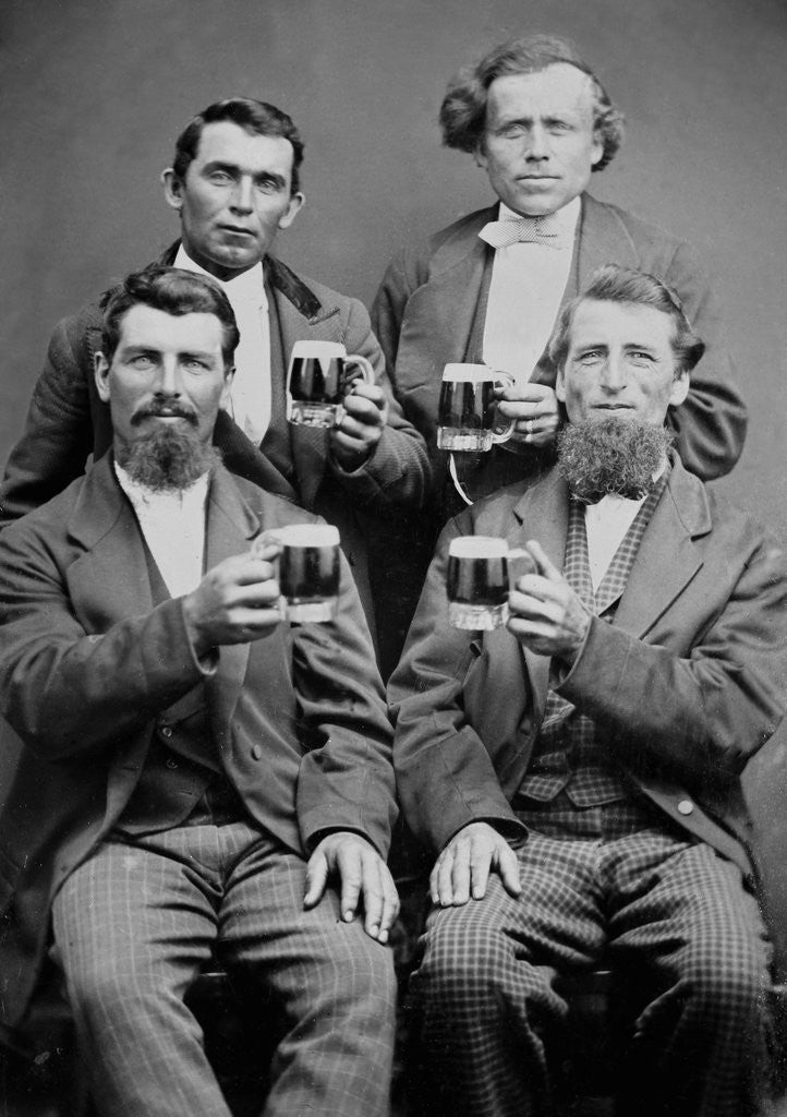 Detail of Four guys and their mugs of beer, ca. 1880. by Anonymous