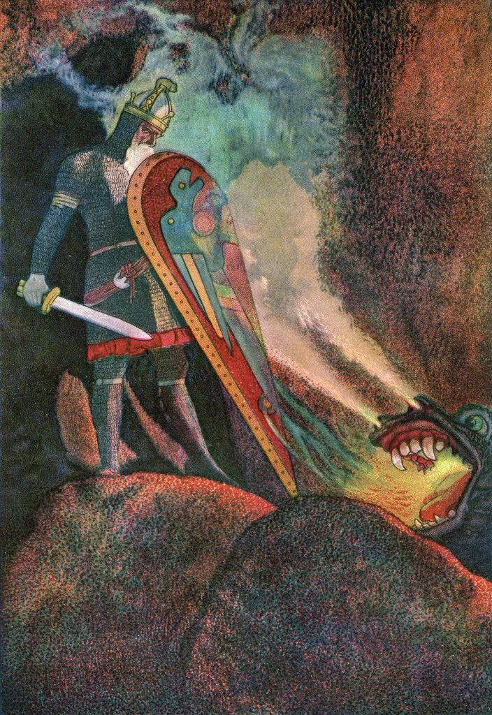 Detail of Beowulf battling the fire-breathing dragon by Anonymous
