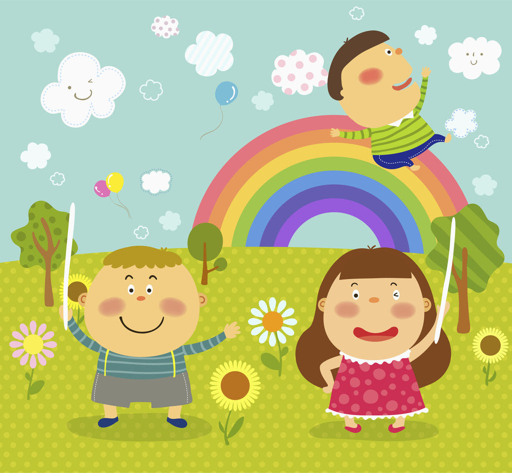 Detail of The image of children playing in the garden with rainbow by Anonymous